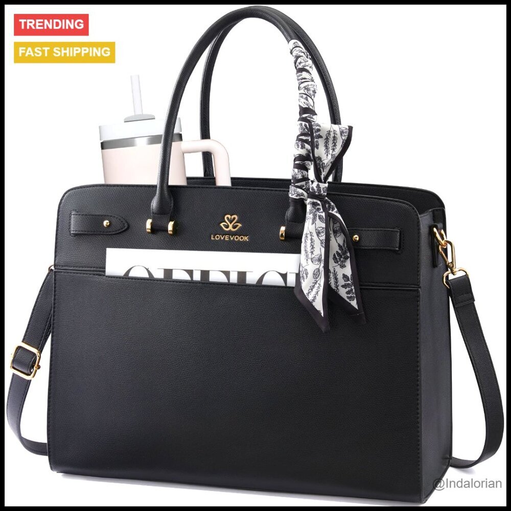 Vegan Leather Laptop Tote Bag Professional Work Briefcase with Silk Scarf